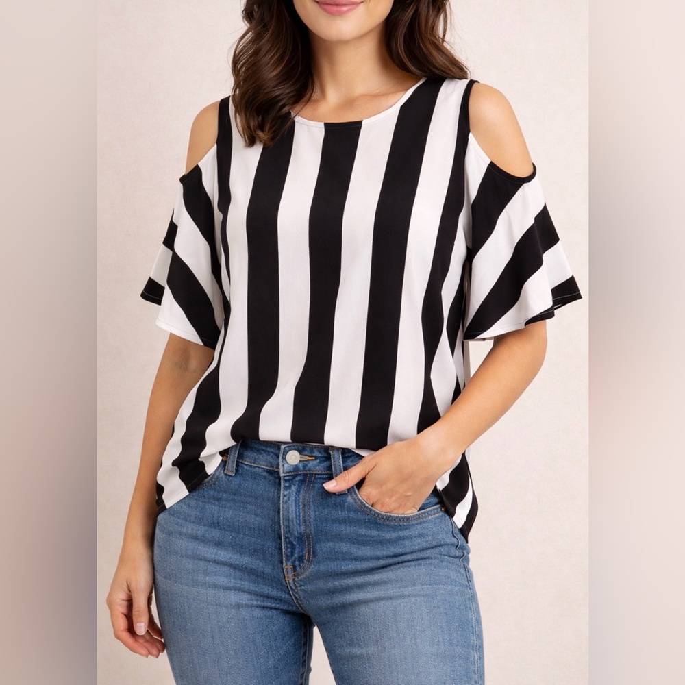 Elegant Black and White Striped Cold Shoulder Blouse